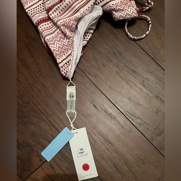 CUPSHE Retro Print Bandeau Burgundy & White Boho High Wait Bikini 2PC SZ M-NWT - Picture 6 of 6